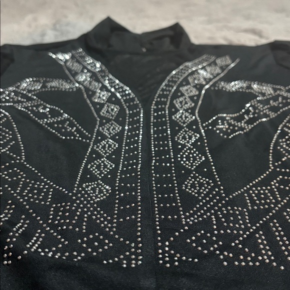 Tops - 🖤 Black Rhinestone Mesh Bodysuit – 2XL – Sheer Cutout Statement Top